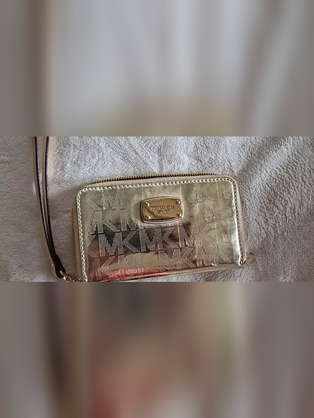 Michael Kors Metallic Gold MK Logo Zip Around Wristlet Wallet